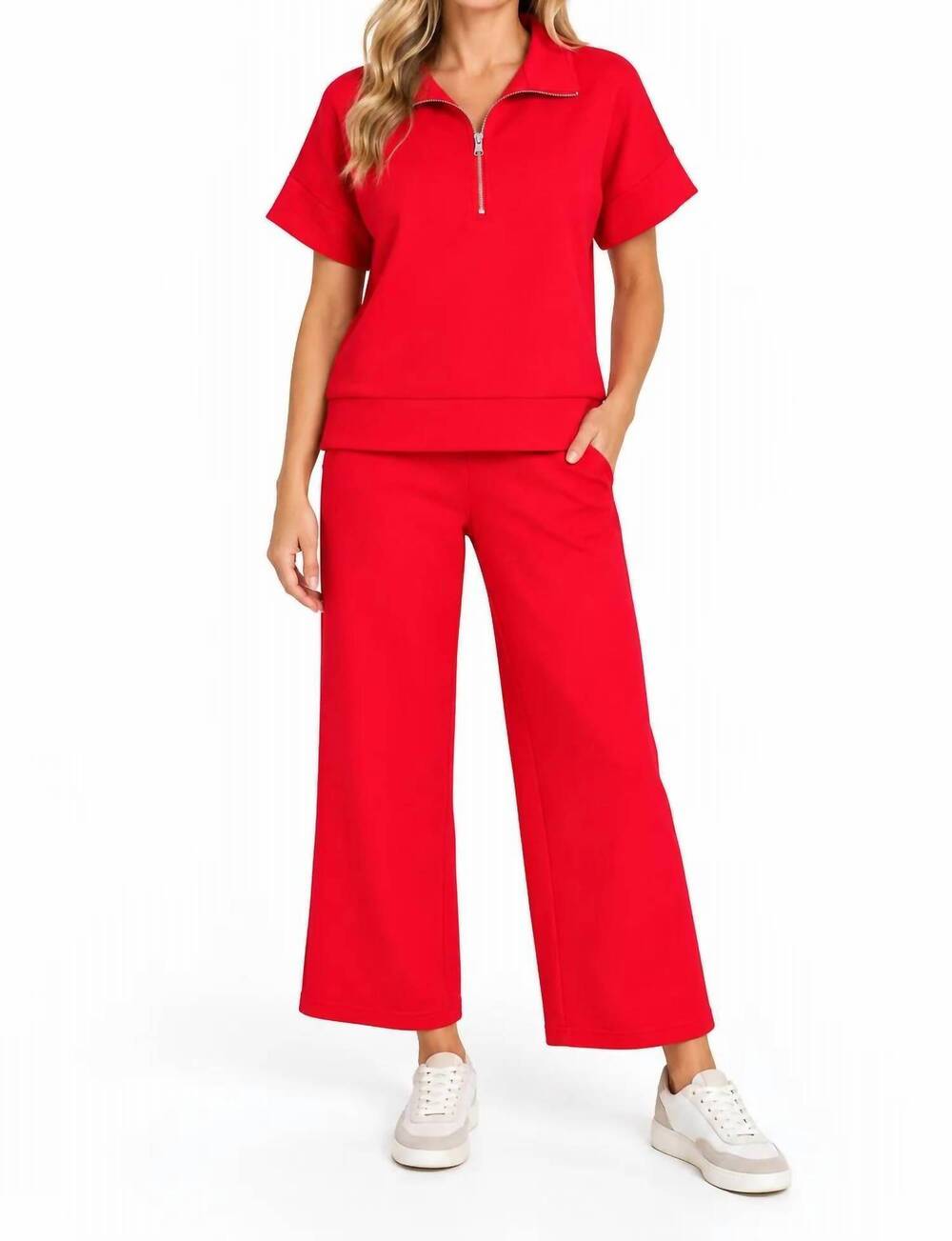 NEW ZENANA scuba high neck half zip top in red